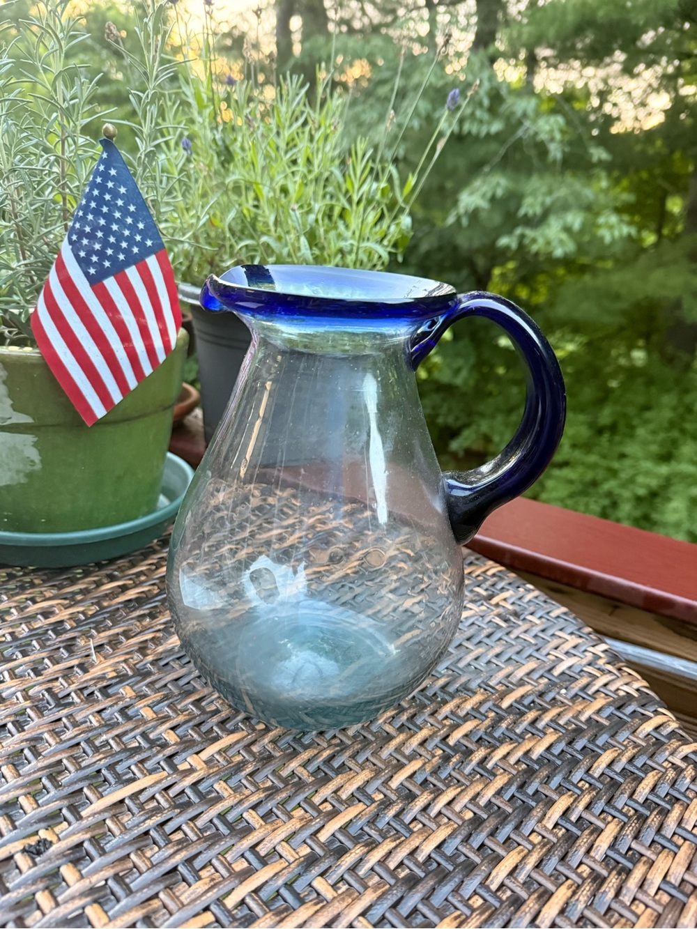 Handblown Glass Pitcher with Cobalt Blue Rim & Handle 10” tall
